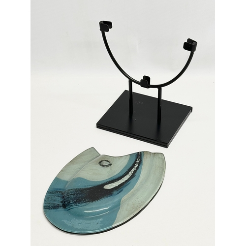 549 - A large Modernist glass sculpture on metal stand. 24x42cm