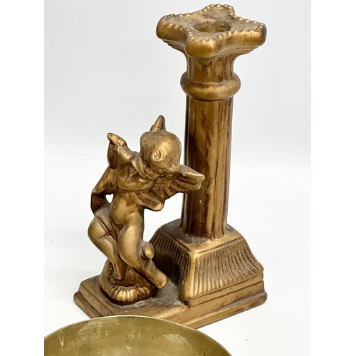 563 - A quantity of 19th and 20th Century brassware. Together with a pair of modern gilt ceramic cherub ca... 