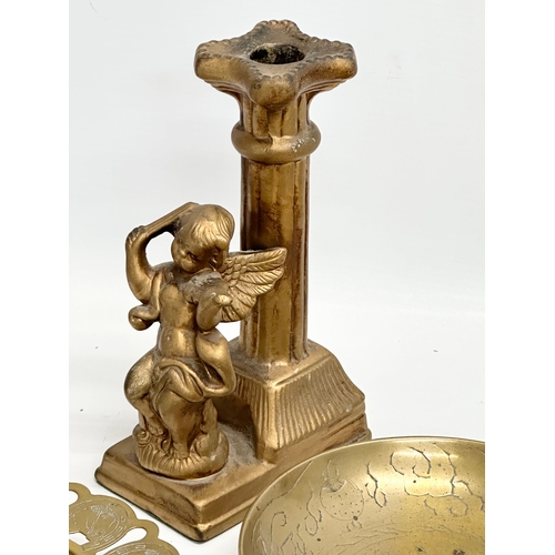 563 - A quantity of 19th and 20th Century brassware. Together with a pair of modern gilt ceramic cherub ca... 