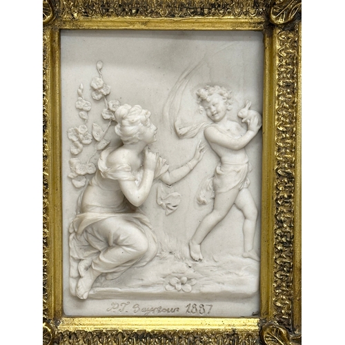 262 - A set of 4 Late 20th Century gilt framed wall plaques with carved cherub panels. Marked P.T. Seymour... 