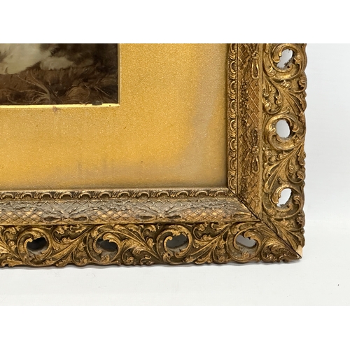 264 - A Late 19th Century Victorian carved wooden gilt framed print of kittens. 48.5x39.5cm