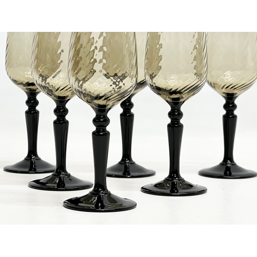 742 - A set of 6 Mid 20th Century French smoked glass champagne flutes. Luminarc. 19cm