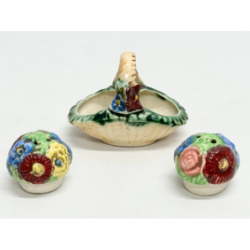 726 - 3 Early/Mid 20th Century pottery cruet sets. A Wade ‘Bramble’ honey pot. An Early 20th Century egg c... 