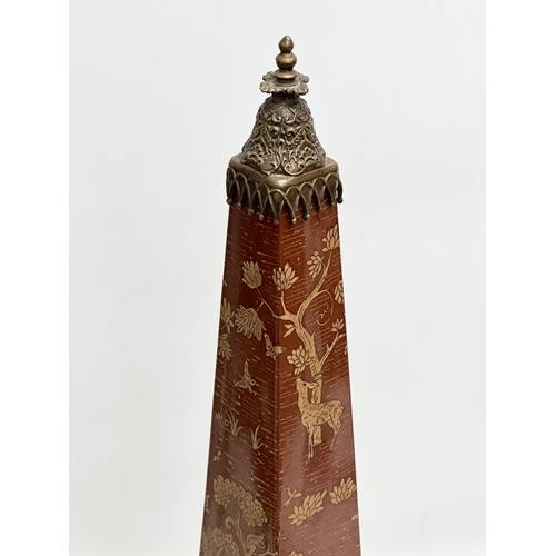 717 - A large 20th Century Wong Lee 1985 obelisk. Bronzed metal mounted on a burgundy porcelain ground. 64... 