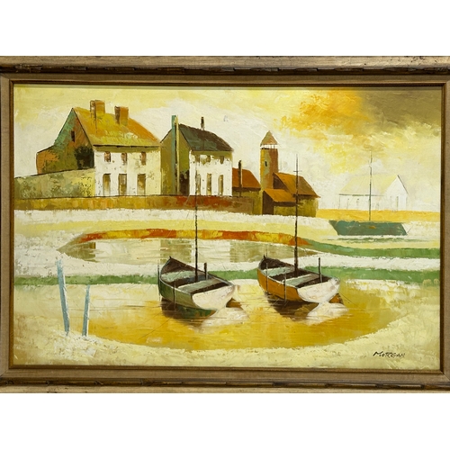 735 - A large oil on canvas. By Morgan. Harbour scene. 92x61cm. Frame 111x80.5cm.