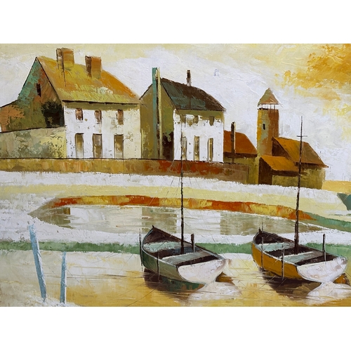 735 - A large oil on canvas. By Morgan. Harbour scene. 92x61cm. Frame 111x80.5cm.