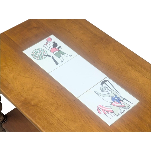 1068 - A pair of cherry wood end tables with inlaid tiles depicting George Washington chopping down the che... 