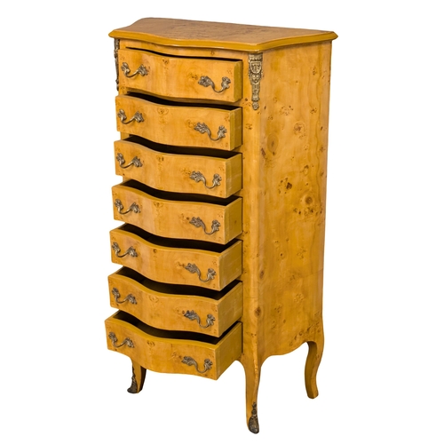 1094 - A French 18th Century style serpentine front maple chest of drawers with brass ormolu mounts. 70cm x... 