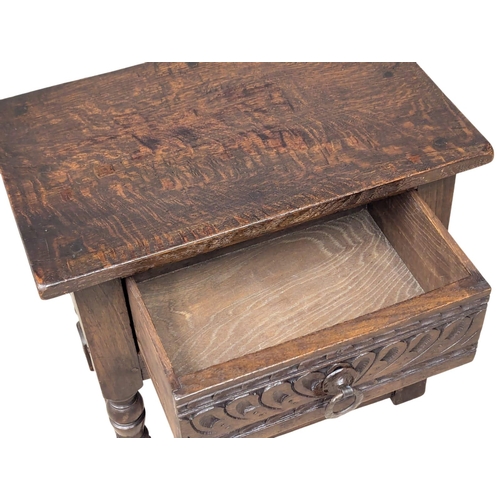 1036 - An Early 20th Century oak joint stool with drawer in the 17th Century style. 50x32x46cm(4)