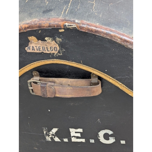 253 - A Late 19th Century dome topped trunk with original shipping labels and interior. Cunard Line, Railw... 