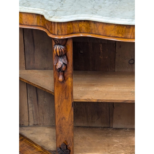 808 - A Victorian walnut Serpentine front marble top credenza with mirrored panelled doors. 149x46x90cm(1)