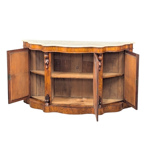 808 - A Victorian walnut Serpentine front marble top credenza with mirrored panelled doors. 149x46x90cm(1)