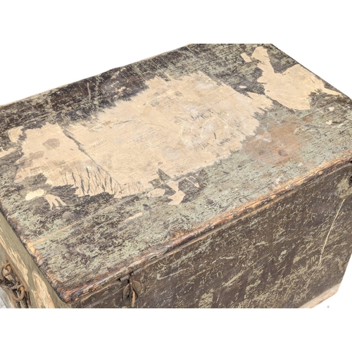 828 - A 19th Century pine trunk with original finish and traveling labels. Captain T. M. Morton. 82.5x53x5... 