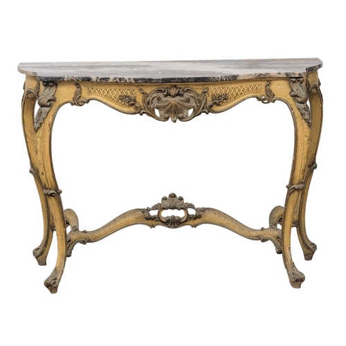 834A - A large 19th Century Louis XV marble top console table on Cabriole legs and ornate stretcher. With o... 