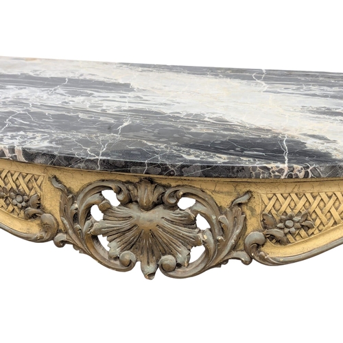 834A - A large 19th Century Louis XV marble top console table on Cabriole legs and ornate stretcher. With o... 