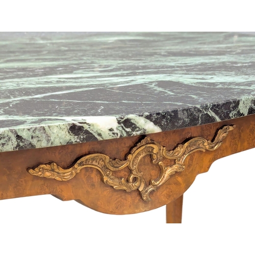 993 - A French 18th Century style Walnut and Burr Walnut coffee table with marble top and brass ormolu mou... 