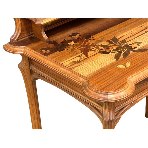 803 - Émile Gallé. A “Forêt Lorraine” bonheur du jour/desk. Inlaid with tigerwood, burr walnut, rosewood, ... 