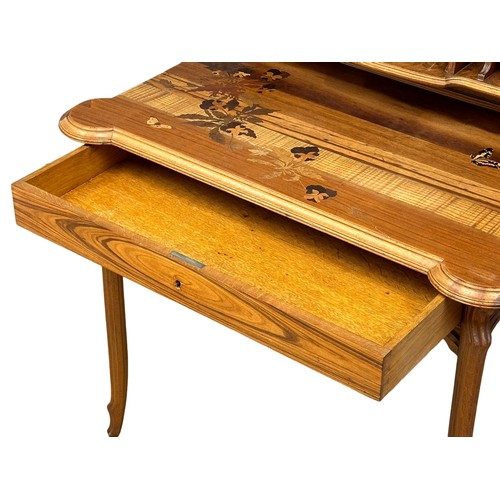 803 - Émile Gallé. A “Forêt Lorraine” bonheur du jour/desk. Inlaid with tigerwood, burr walnut, rosewood, ... 