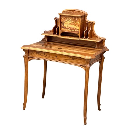 803 - Émile Gallé. A “Forêt Lorraine” bonheur du jour/desk. Inlaid with tigerwood, burr walnut, rosewood, ... 