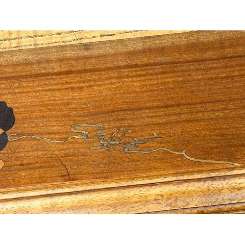 803 - Émile Gallé. A “Forêt Lorraine” bonheur du jour/desk. Inlaid with tigerwood, burr walnut, rosewood, ... 