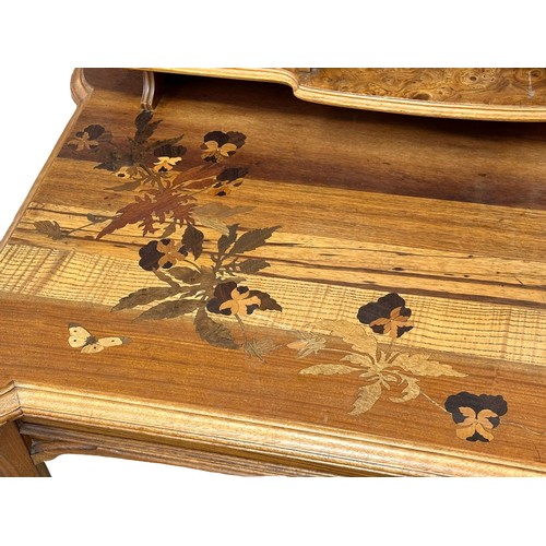 803 - Émile Gallé. A “Forêt Lorraine” bonheur du jour/desk. Inlaid with tigerwood, burr walnut, rosewood, ... 