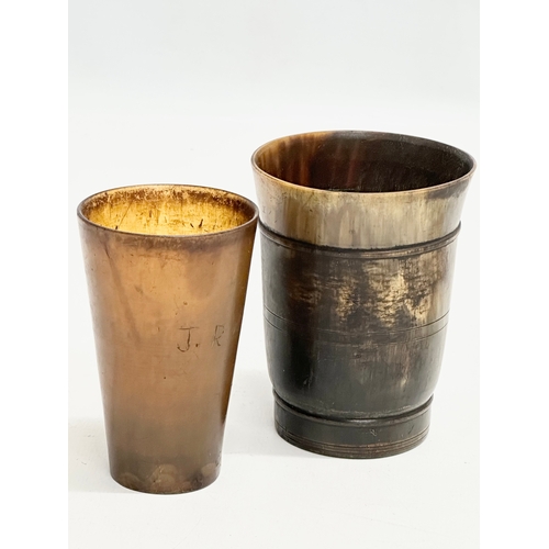 355 - Three 19th Century horn beakers. Including a later plastic collapsible beaker.