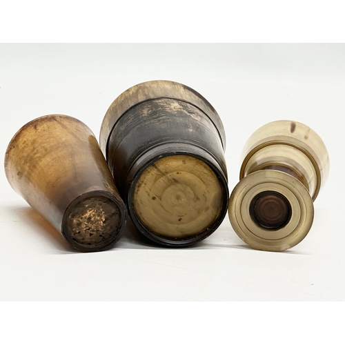 355 - Three 19th Century horn beakers. Including a later plastic collapsible beaker.