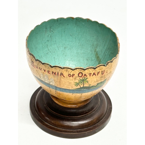 300E - A Souvenir of Oatafu. Wooden treen bowl on stand. 11x11cm.