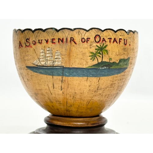 300E - A Souvenir of Oatafu. Wooden treen bowl on stand. 11x11cm.