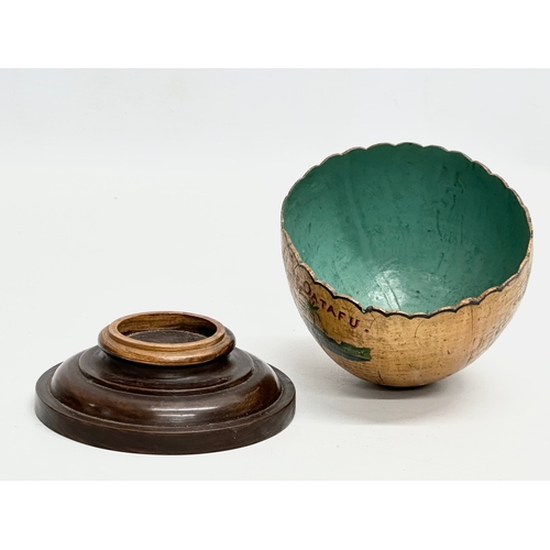 300E - A Souvenir of Oatafu. Wooden treen bowl on stand. 11x11cm.