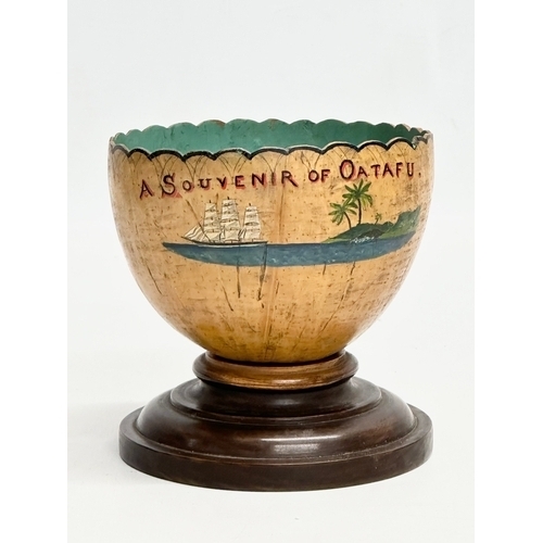 300E - A Souvenir of Oatafu. Wooden treen bowl on stand. 11x11cm.