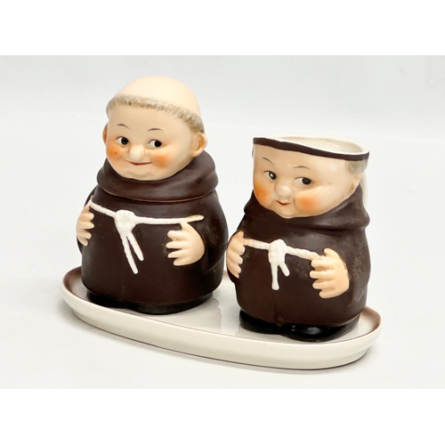 590 - A West German “Friar Monk” 3 piece set by Goebel Pottery. Creamer, sugar jar with tray. 17cm. 11cm. ... 