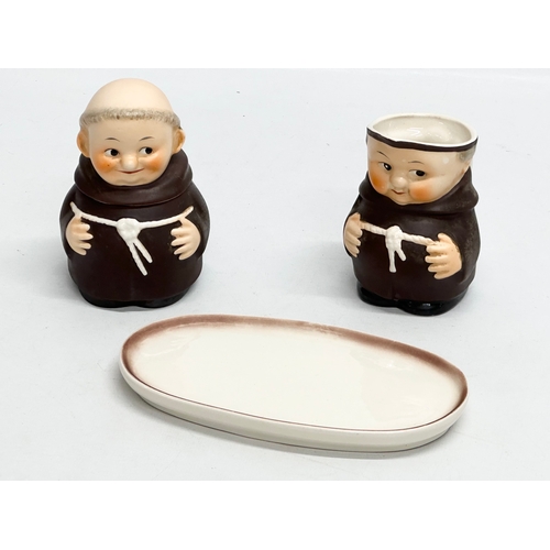 590 - A West German “Friar Monk” 3 piece set by Goebel Pottery. Creamer, sugar jar with tray. 17cm. 11cm. ... 