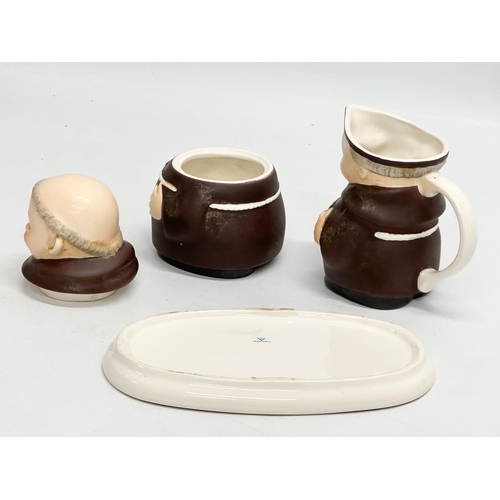 590 - A West German “Friar Monk” 3 piece set by Goebel Pottery. Creamer, sugar jar with tray. 17cm. 11cm. ... 