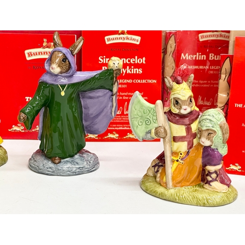 847 - Royal Doulton Bunnykins “The Arthurian Legends” 5 figurines with boxes and papers. King Arthur, Sir ... 