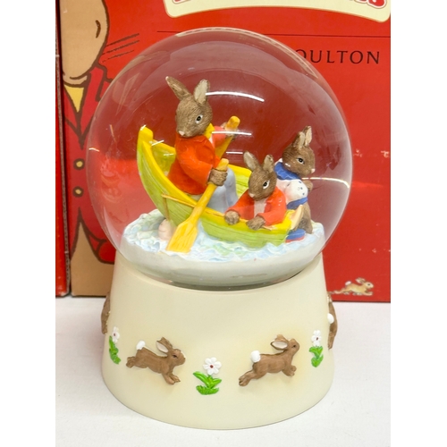 858 - Royal Doulton Bunnykins. Fun on the Water snow globe and Hold Tight music box. With boxes.