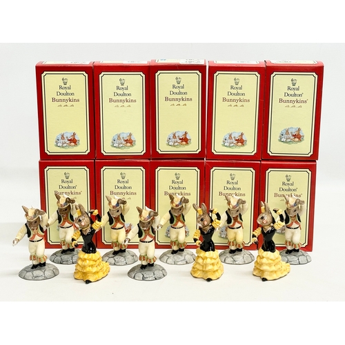 891 - 10 Royal Doulton Bunnykins Dancers. Morris Dancer Bunnykins x7, Flamenco Bunnykins x3. Mostly signed