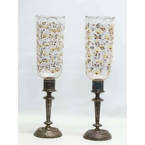 36 - A pair of large Mid 19th Century silver plated hurricane candleholders with hand painted glass shade... 