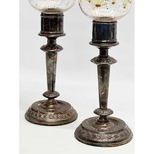 36 - A pair of large Mid 19th Century silver plated hurricane candleholders with hand painted glass shade... 