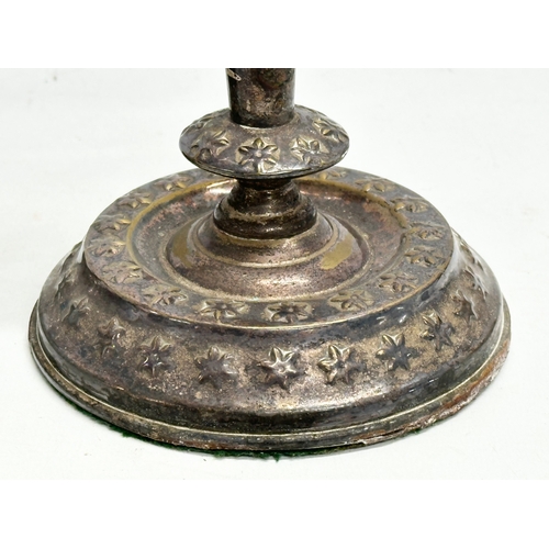 36 - A pair of large Mid 19th Century silver plated hurricane candleholders with hand painted glass shade... 