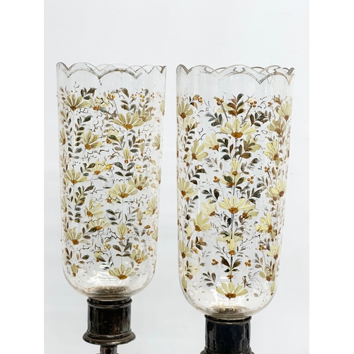 36 - A pair of large Mid 19th Century silver plated hurricane candleholders with hand painted glass shade... 