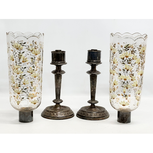 36 - A pair of large Mid 19th Century silver plated hurricane candleholders with hand painted glass shade... 