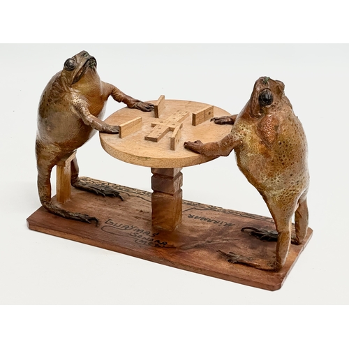 32 - Taxidermy Folk Art. Three Mid 20th Century Mexican taxidermy frogs. Domino gaming frogs and clarinet... 