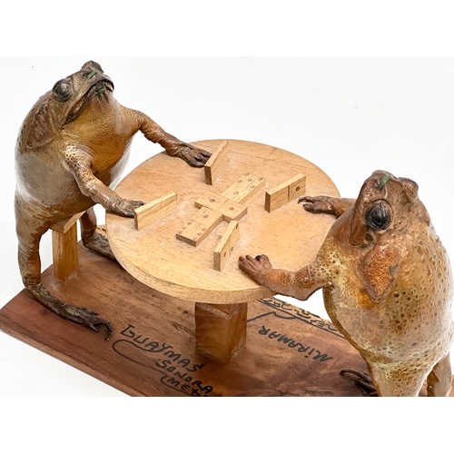 32 - Taxidermy Folk Art. Three Mid 20th Century Mexican taxidermy frogs. Domino gaming frogs and clarinet... 