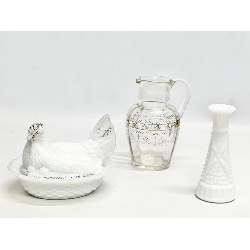 689 - 19th and 20th Century glassware. An Indiana Glass, hen shaped milk glass egg holder. A Late 19th Cen... 