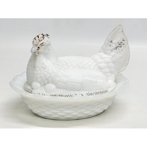 689 - 19th and 20th Century glassware. An Indiana Glass, hen shaped milk glass egg holder. A Late 19th Cen... 