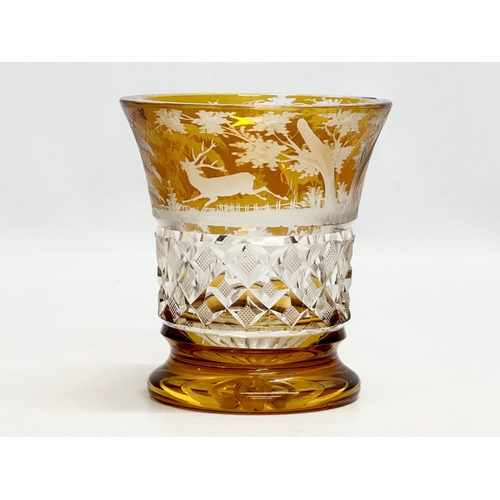 197 - A Bohemian amber and etched glass vase. Early/Mid 20th Century. 11.5x12.5cm.