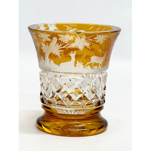 197 - A Bohemian amber and etched glass vase. Early/Mid 20th Century. 11.5x12.5cm.