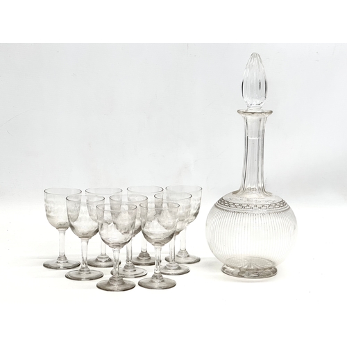 64 - A 10 piece Late 19th Century Victorian etched glass drinks set. Decanter and 9 matching glasses. 31c... 