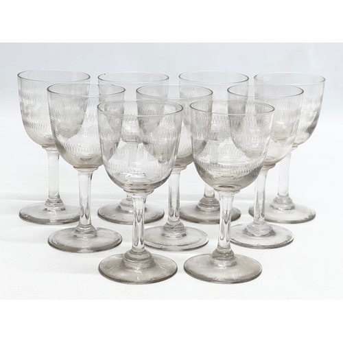 64 - A 10 piece Late 19th Century Victorian etched glass drinks set. Decanter and 9 matching glasses. 31c... 